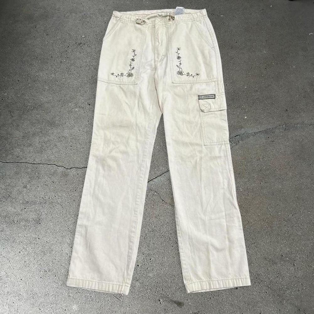 Vintage women's Jordache cream corduroy floral embroidered utility pants 7/8